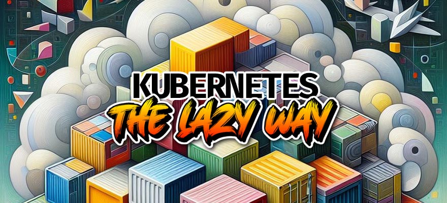 Multicolored shipping containers stacked against a cloudy sky with geometric shapes